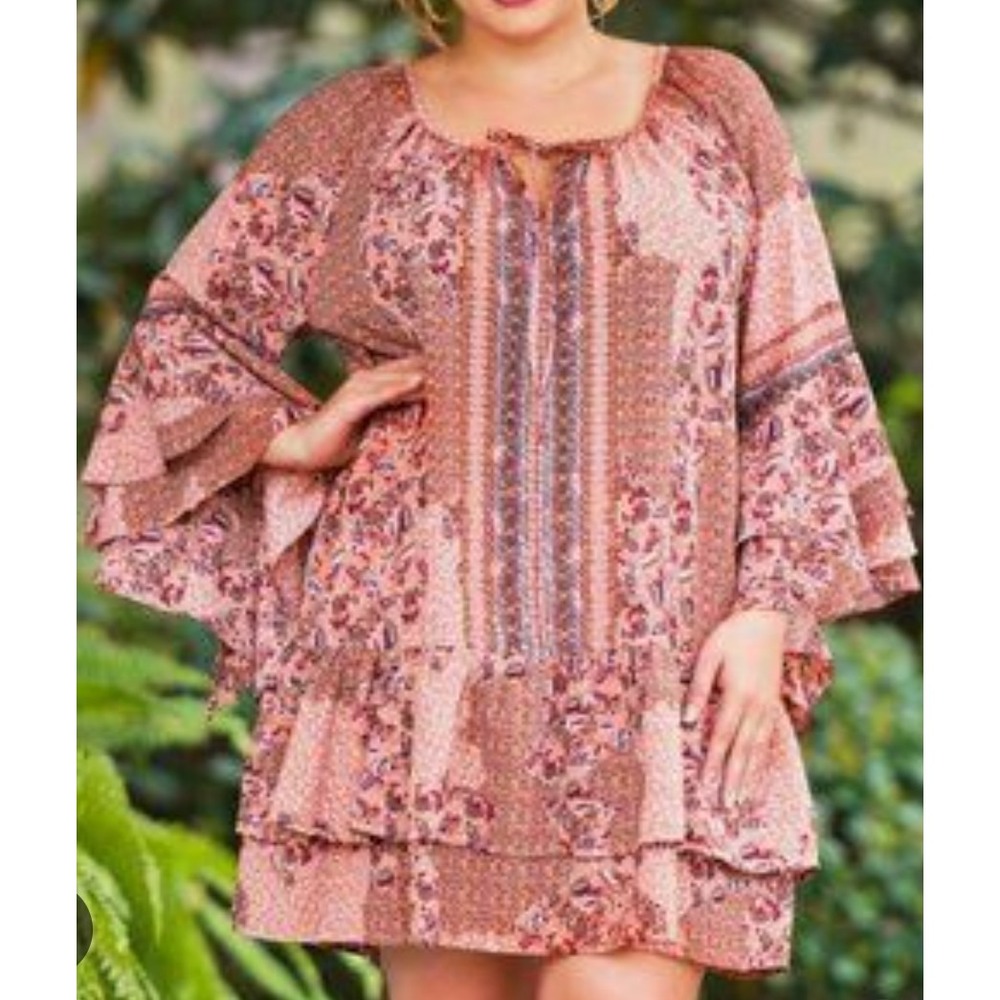 Umgee USA Floral Print Dress Tiered Bell Sleeve Boho Bohemian‎ Small S